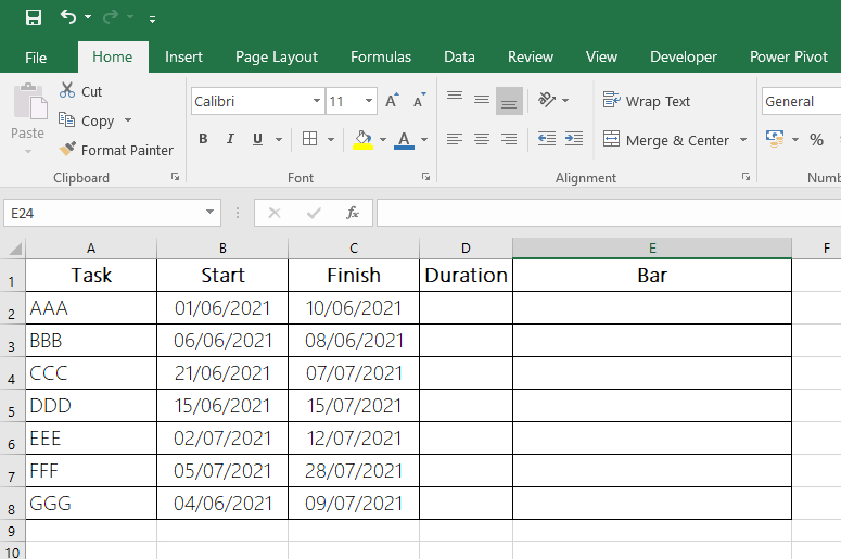 Article Fast Gantt Chart with Excel - Fig 1 - Data Table