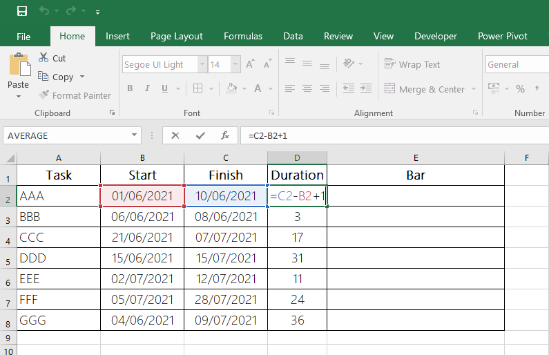 Article Fast Gantt Chart with Excel - Fig 2 - Duration Calculation