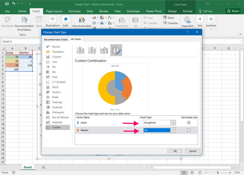 Gauge Chart With Excel - Figure 4 - Change Chart Types